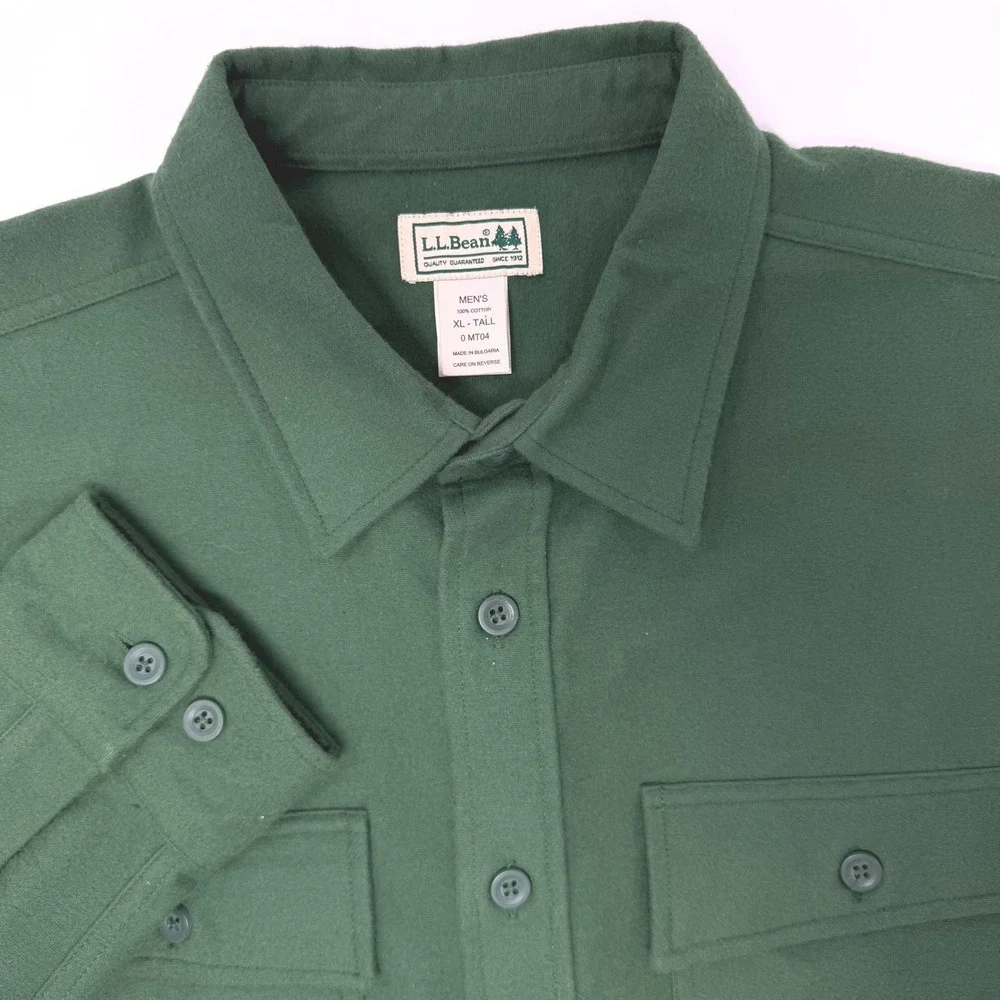 LL Bean Mens XL Tall Forest Green Chamois Cloth Cotton Button Down Shirt